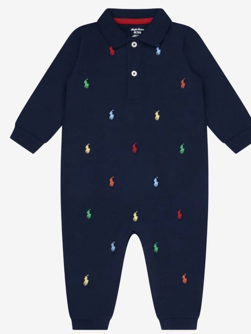 Ralph Lauren Navy Footed One-Piece with Multicolor Polo Pony Embroidery